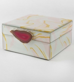 Caja Cuadrada blanca y dorada con Mineral Rojo 15x8x15 cm